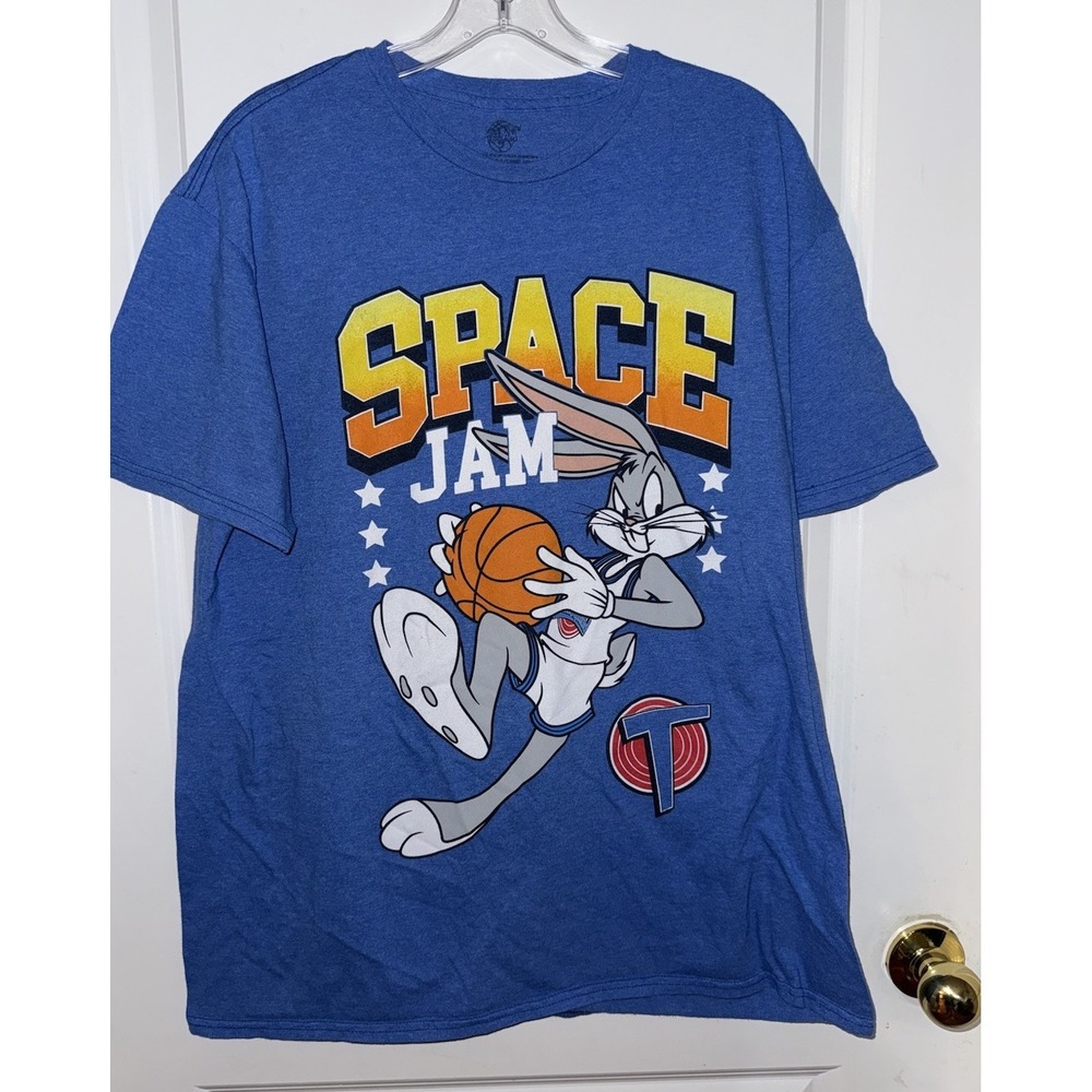 Space Jam T-Shirt Men's XL Blue Multi-Color Bugs Bunny Short Sleeve Crew Neck